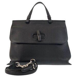GUCCI Bamboo Turn-Lock Black Leather Top Handle Front Flap Closure Shoulder Bag